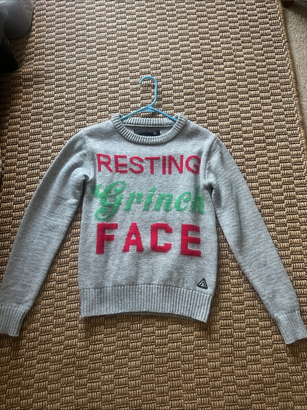 American Stitch Gray Sweater with Red and Green 'Resting Grinch Face' Graphic